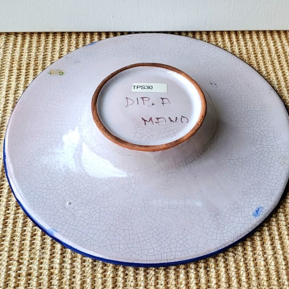 Floral Italian Handpainted Serving Plate Blue and Green Glazed Ceramic